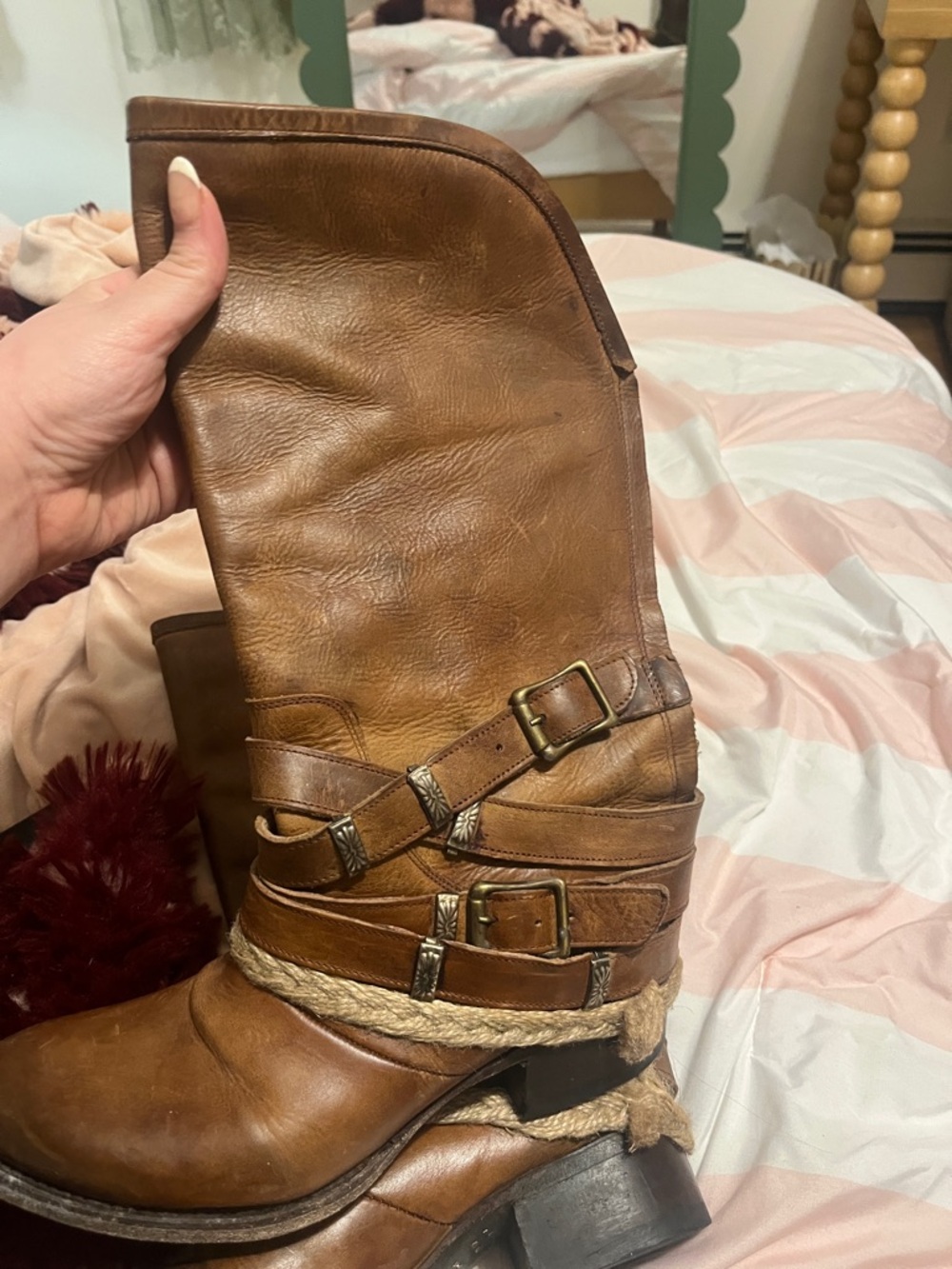 freebird Tan Leather Mid-Calf Heeled Boots with Buckle & Rope Detail